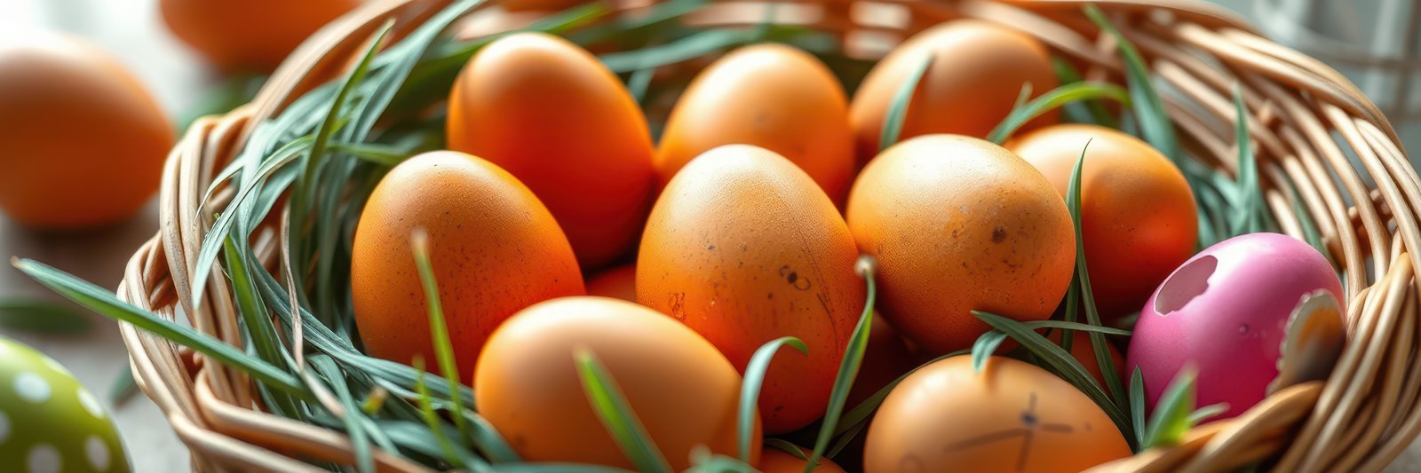 Colorful Easter eggs arranged in a wicker basket filled with grass and set on a table